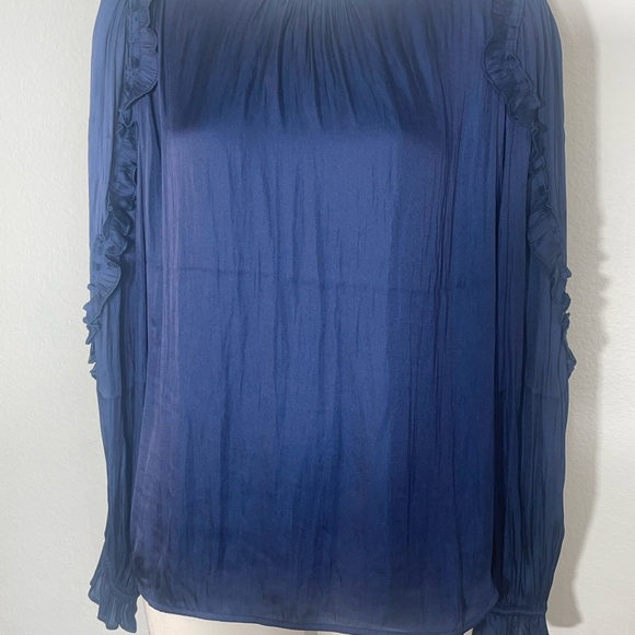 Loft mixed media ruffle sleeve top navy blue round neck puff shoulders medium - Picture 3 of 7